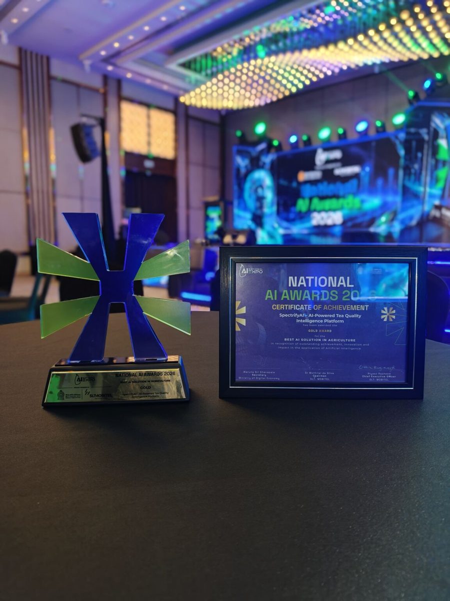 SpectrifyAI Gold Award trophy and certificate for Best AI Solution in Agriculture at the National AI Awards 2026