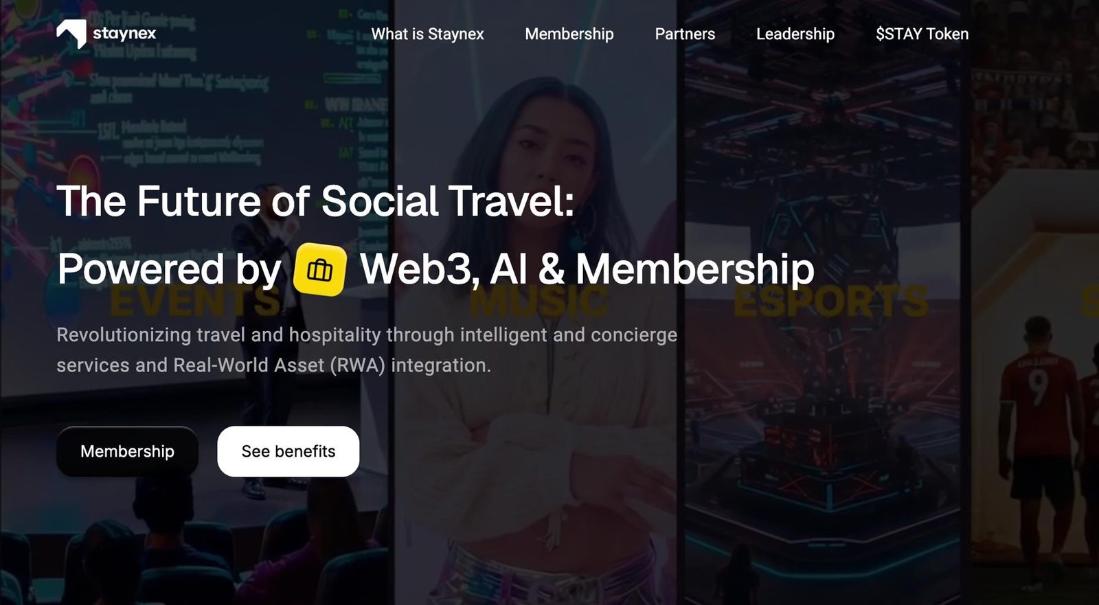 Staynex website homepage introducing social travel built on Web3, AI and membership