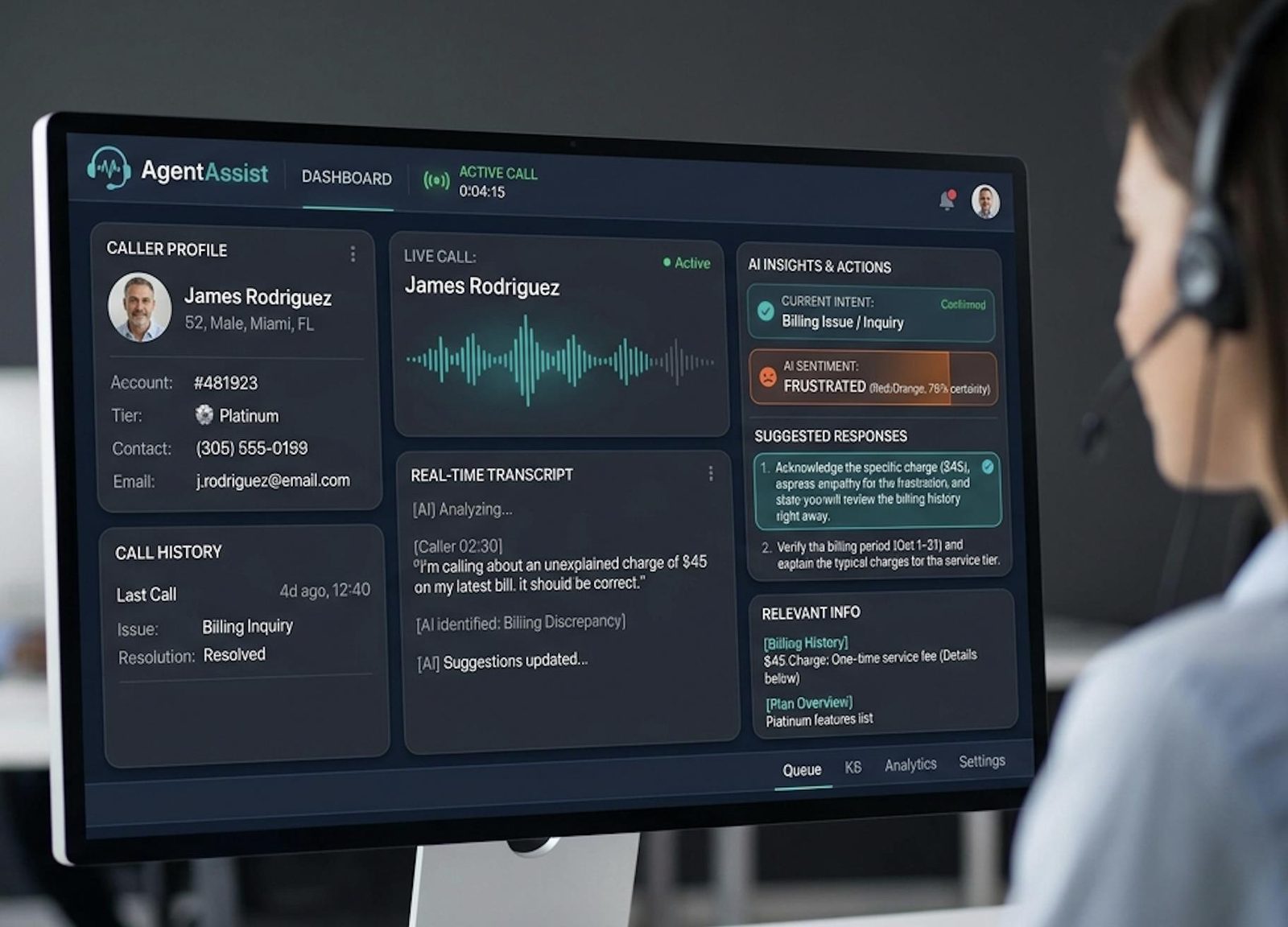 Agent assist dashboard showing a live call transcript, detected billing intent, caller sentiment and suggested responses