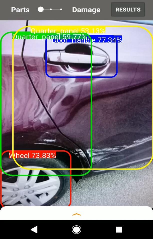 Wenn mobile app detecting a quarter panel, door handle and wheel with confidence scores