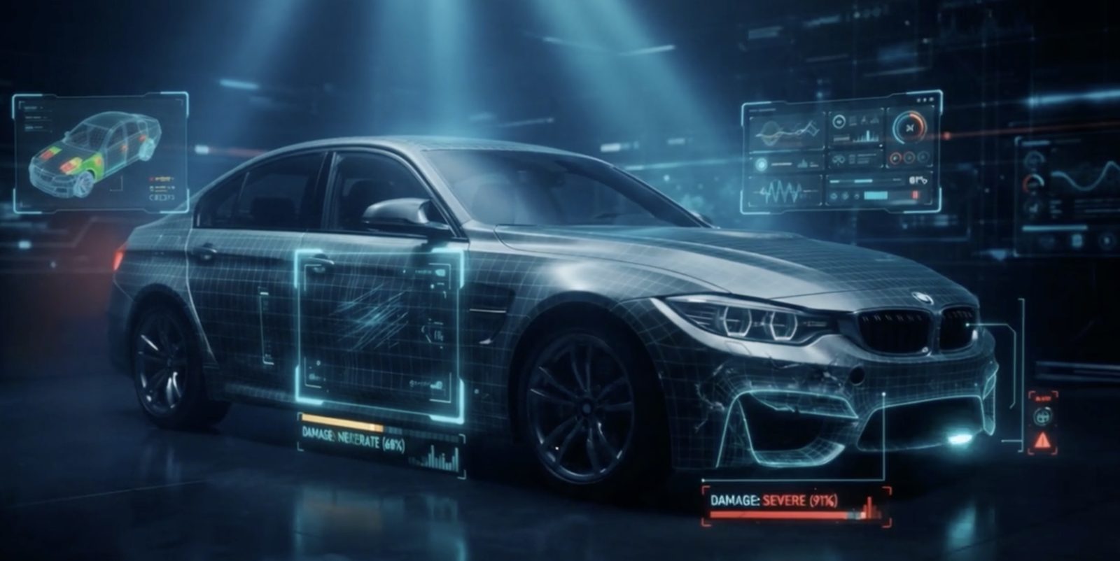 Computer vision system scanning a sedan and flagging moderate door damage and severe front bumper damage